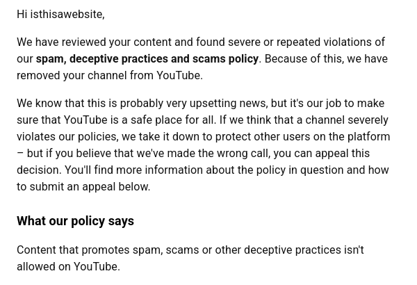 Screenshot of an e-mail from YouTube describing a permanent account termination.