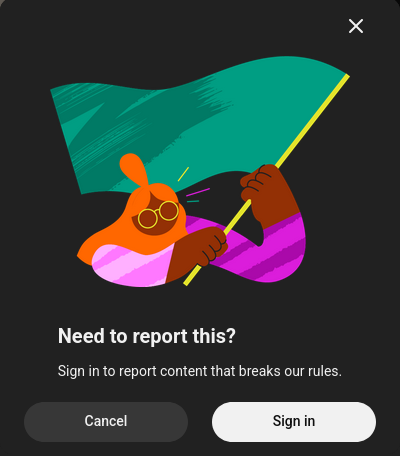 A screenshot of YouTube asking a banned user to login to report content.